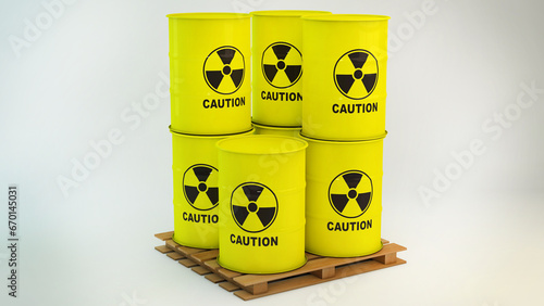 Yellow iron barrels on pallets with a radiation hazard sign. 3D render