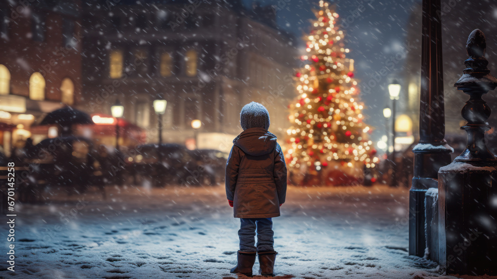 Child and Snowy Tree, Urban Christmas Magic Child and Snowy Tree, Urban Christmas Magic