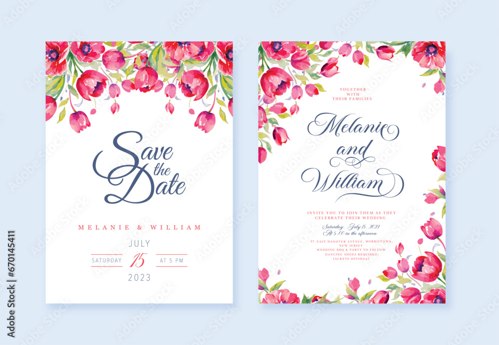 Watercolor Pink Wedding invitation with wild flowers and Save The Date cards, vector template.