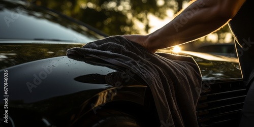 Sleek Automotive Elegance: A Hand Carefully Polishing the Front of a Car with a Towel, in Dark Black and Silver Style