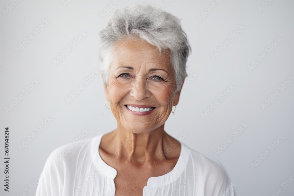 adiant Serenity: An Elderly Woman's Joyful Smile and Grey Hair Shine Against a Pure White Background adiant Serenity: An Elderly Woman's Joyful Smile and Grey Hair Shine Against a Pure White Background