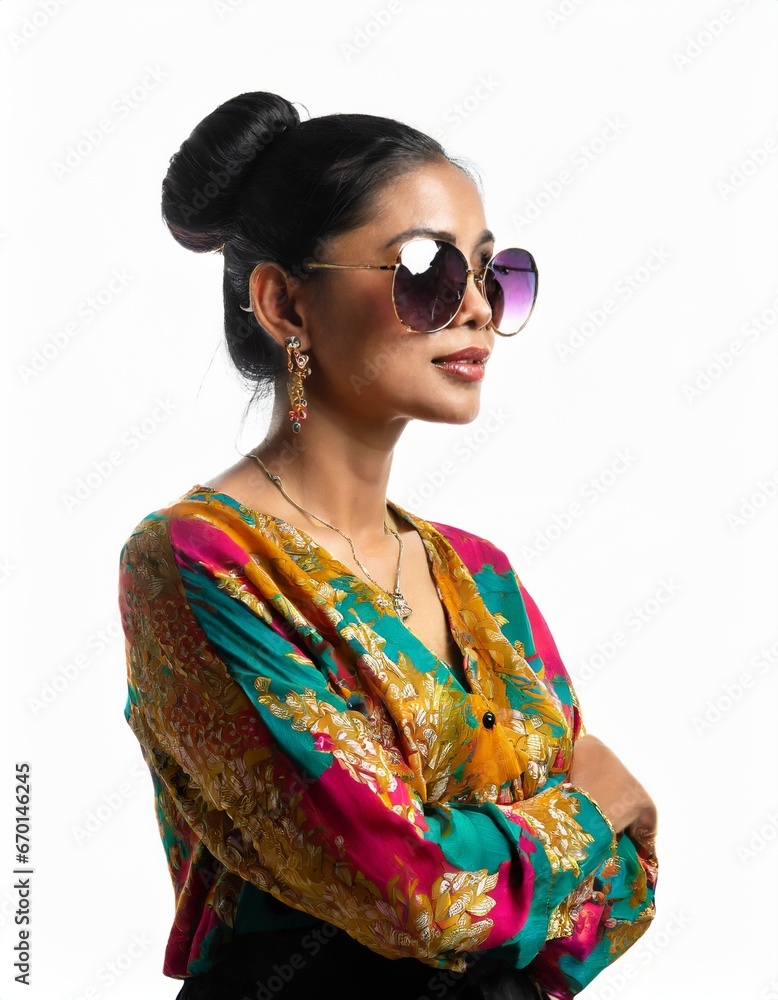 Portrait of an elegant super model woman wearing a shiny blouse and sunglasses, isolated white background