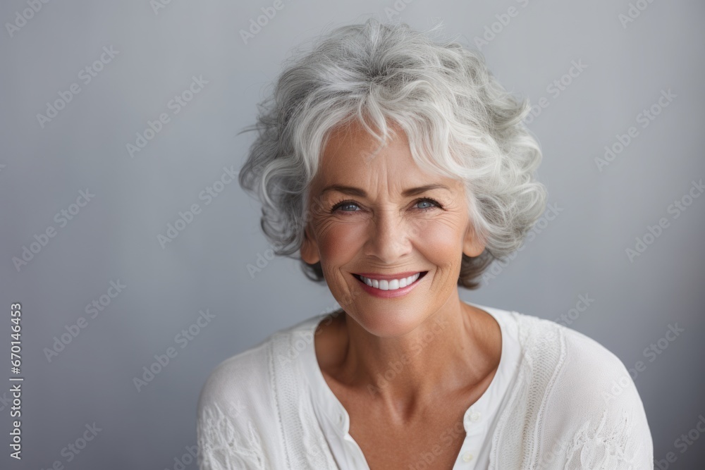 adiant Serenity: An Elderly Woman's Joyful Smile and Grey Hair Shine Against a Pure White Background