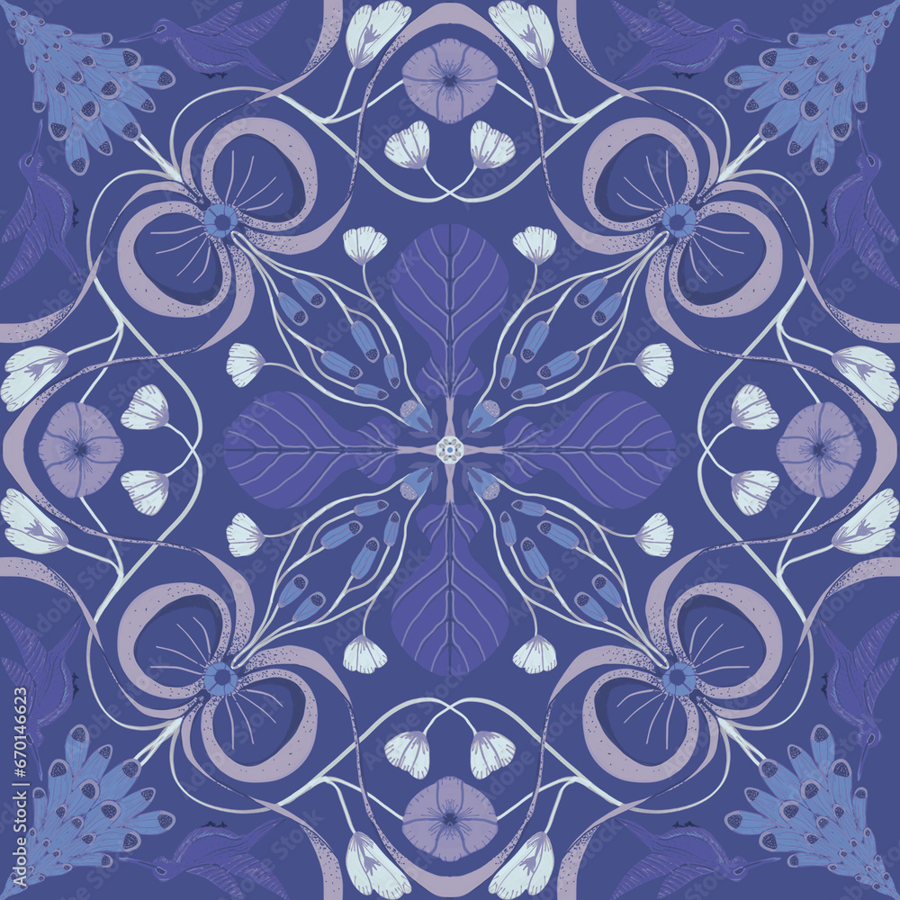 Fototapeta premium Seamless pattern, ornament with hummingbird, purple foxglove, bindweed and bow on a blue background. Winter digital illustration. Suitable for interior, wallpaper, fabrics, clothing, stationery.