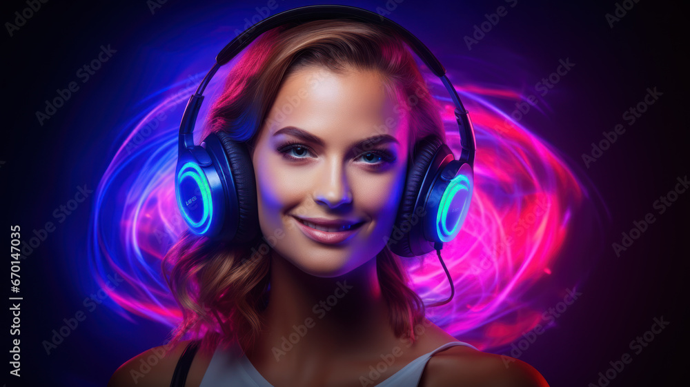Beautiful Woman with Headphones and Neon Waves Beautiful Woman with Headphones and Neon Waves