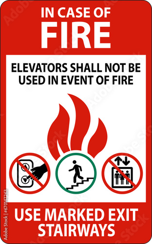 In Case Of Fire Sign: Elevators Shall Not Be Used In Event Of Fire, Use Marked Exit Stairways