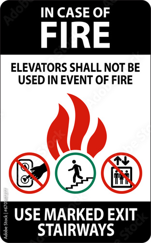 In Case Of Fire Sign: Elevators Shall Not Be Used In Event Of Fire, Use Marked Exit Stairways