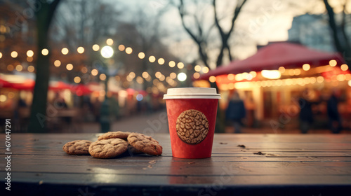 Leinwand Poster A cup of coffee with cookies on a wooden table near christmas lights