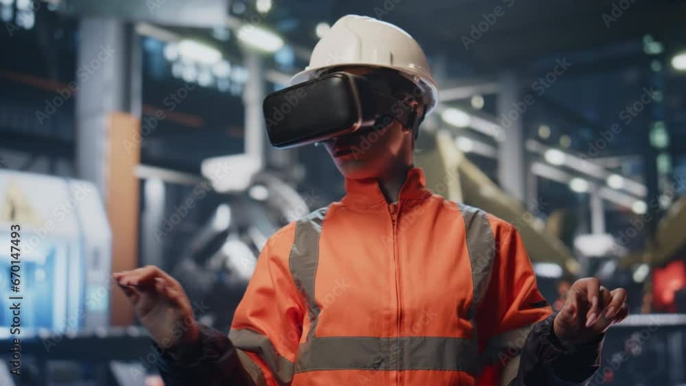 Worker vr goggles touching augmented reality simulation at factory close up. Worker vr goggles touching augmented reality simulation at factory close up.