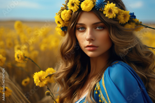 Portrait of a beautiful Ukrainian woman in clothes the colors of the flag of Ukraine yellow and blue in a field photo