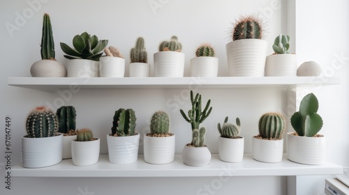 A cluster of small cacti displayed on a minimalist. AI generated