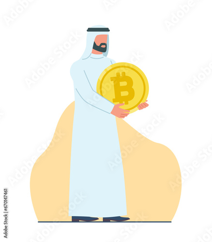 Arab Muslim male investor trader holds bitcoin in his hands. Crypto currency trading. cryptocurrency investor. Web money profit. Cartoon flat style isolated v financial concept