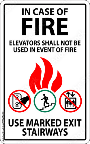 In Case Of Fire Sign: Elevators Shall Not Be Used In Event Of Fire, Use Marked Exit Stairways