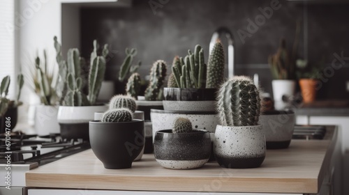 A cluster of small cacti in modern black and white. AI generated