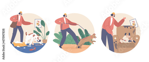 Isolated Round icons or Avatars with Pet Owner Face Common Dog Behavior Problems, Barking, Chewing, Aggression