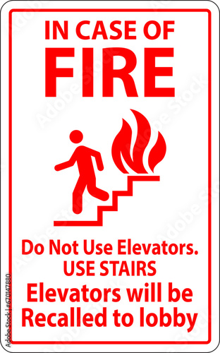 In Case Of Fire Sign Do Not Use Elevators. Use Stairs, Elevators Will Be Recalled To Lobby