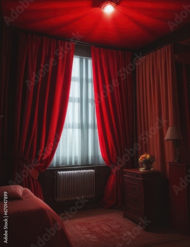 Interior of a hotel room with red curtains and a bed