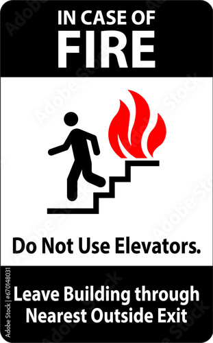 In Case Of Fire Sign Do Not Use Elevators, Leave Building Through Nearest Outside Exit