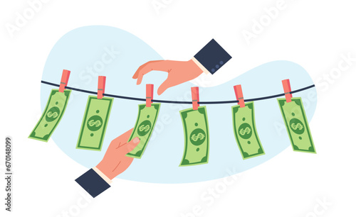 Concept of money laundering, hands picking dried dollar bills off clothesline. Financial crime washing currency. People breaking law, corruption or fraud. Vector cartoon flat illustration