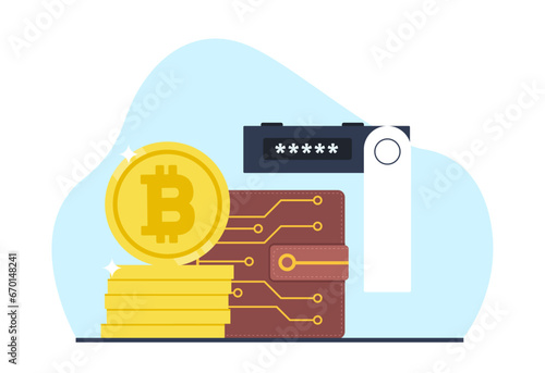 Digital wallet for bitcoin cryptocurrency. Reliable protection of savings. Investments and online banking, electronic money. Digital bank application cartoon flat isolated vector concept