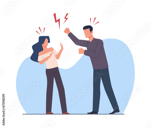 Domestic violence, man beats his wife. Family conflict and problems at home, divorce and dissolution. Quarreling scene. Unhappy relationships, Cartoon flat isolated vector abuse concept