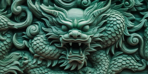 Green wooden carved dragon closeup. Chinese 2024 New Year banner.
