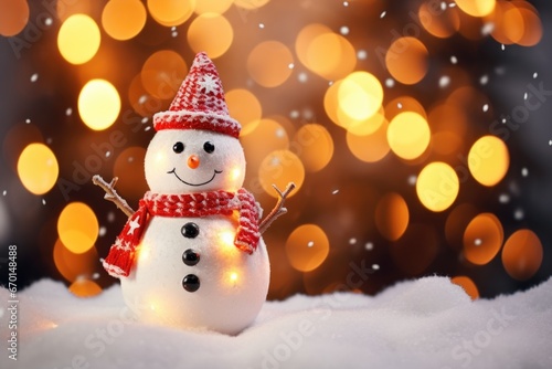 Snowman wearing red scarf in snow with bokeh lights in background
