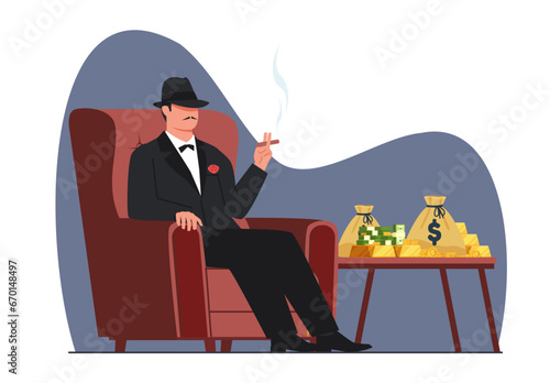 Godfather mob boss sits in chair with cigar in his hand. Man in black suit and hat smoking, stack of coins and gold, dollar banknotes. Gangster and rich man cartoon flat isolated vector concept