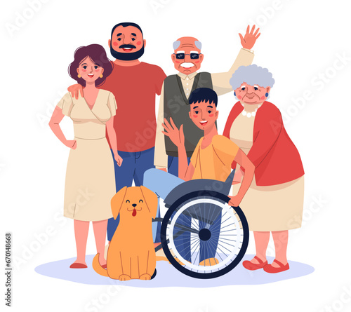 Happy family with disabled members. Cartoon smiling people, teen boy in wheelchair, parents and children together, blind grandfather. Love and care. Handicapped person, vector isolated concept