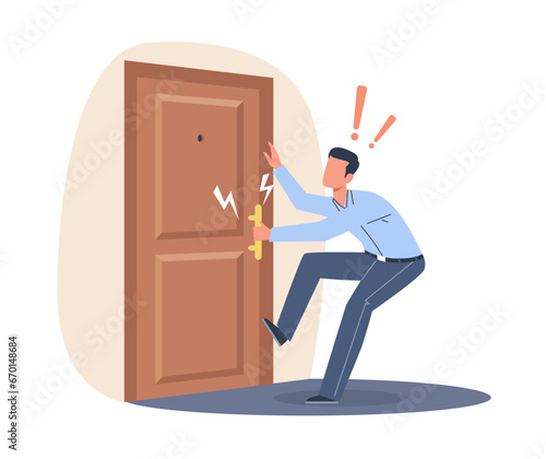 Male businessman pulls handle of closed door with force. Business problems and obstacles, failed career opportunity. Unhappy angry employee. Cartoon flat style isolated vector concept