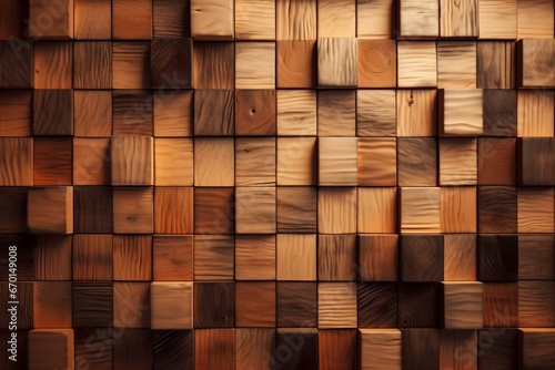 Wooden wall background adorned with textured square tiles, creating a 3D, natural block pattern. Generative AI
