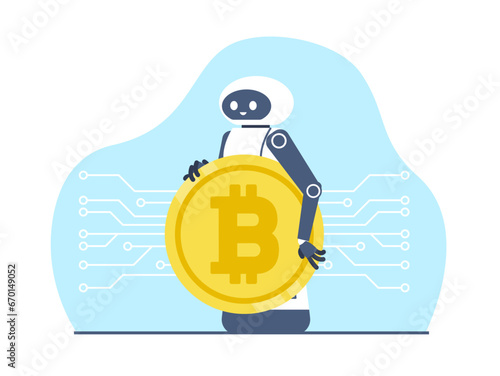 Robot holds bitcoin, cryptocurrency. Money mining passive income earnings artificial intelligence. Crypto currency trading bot. Financial ai. Cartoon flat style isolated vector concept