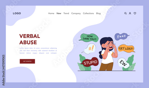 Bullying web banner or landing page. Upset victim being bullied and shamed by others. Harassment and humiliation victim. Social violence problem. School verbal abuse. Flat vector illustration