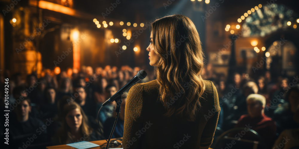 woman motivational coach speaker standing on evening street stage with microphone in front of audience for speech, back view - obrazy, fototapety, plakaty 