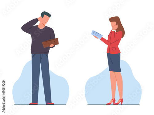 Sad man and woman with empty wallets. Family financial problems. Economical crisis. Bankruptcy people. Poor unemployment person. Money spending cartoon flat style isolated vector concept
