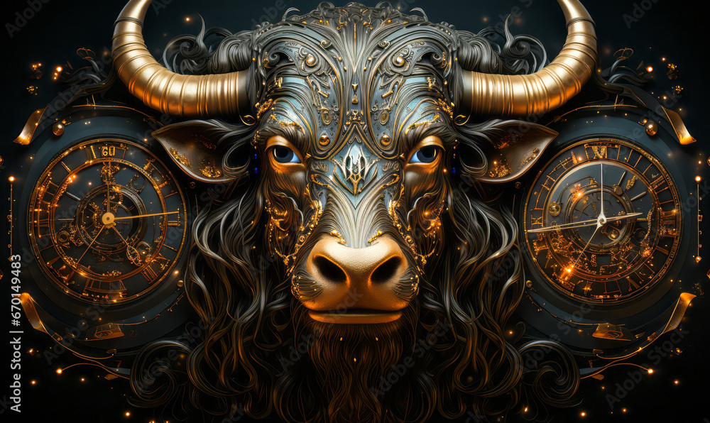 Fototapeta premium Taurus the Bull: A Celestial Astrological Sign Amidst Hermetic Icons