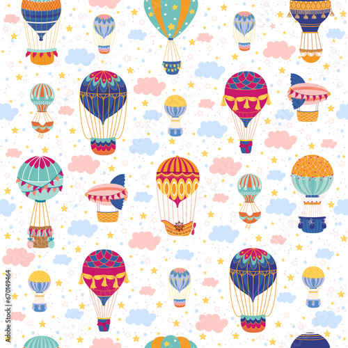 Seamless pattern with balloons. Retro aerial vehicles, Childish decor textile, wrapping paper, wallpaper design. Print for fabric. Cartoon flat style isolated aerostat vector concept