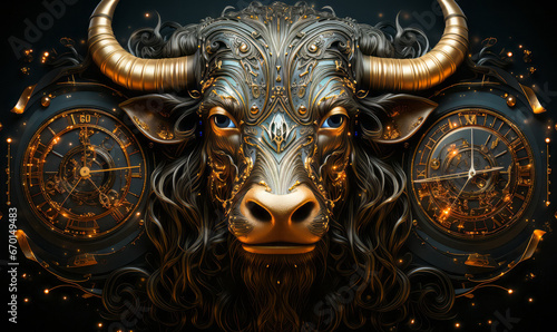 Taurus the Bull: A Celestial Astrological Sign Amidst Hermetic Icons photo