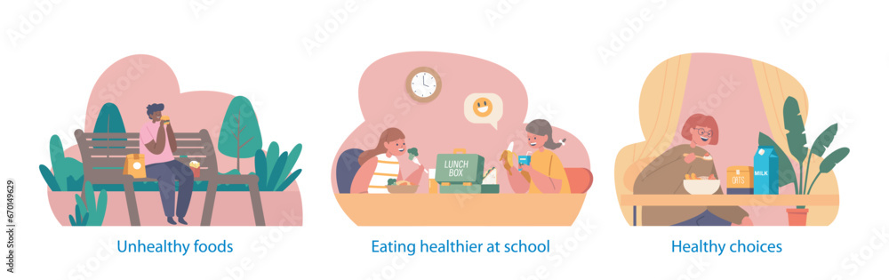 Isolated Elements With Kids Happily Devouring Fruits, Veggies, And Whole Grains Exemplify Healthy Eating Habits Isolated Elements With Kids Happily Devouring Fruits, Veggies, And Whole Grains Exemplify Healthy Eating Habits