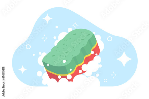 Soap bubble bath sponge. Housekeeping, household and kitchenware equipment , detergent foam, washing dishes and tile in bathroom. Car wash tool cartoon flat style isolated vector concept