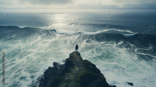A person brooding at the precipice admiring the surging sea vista below, reflecting their pensive state.