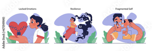 Childhood psychological trauma set. Emotional impact of traumatic events on kid mental health. Psychological disorder caused by physical and emotional abuse. Vector flat illustration