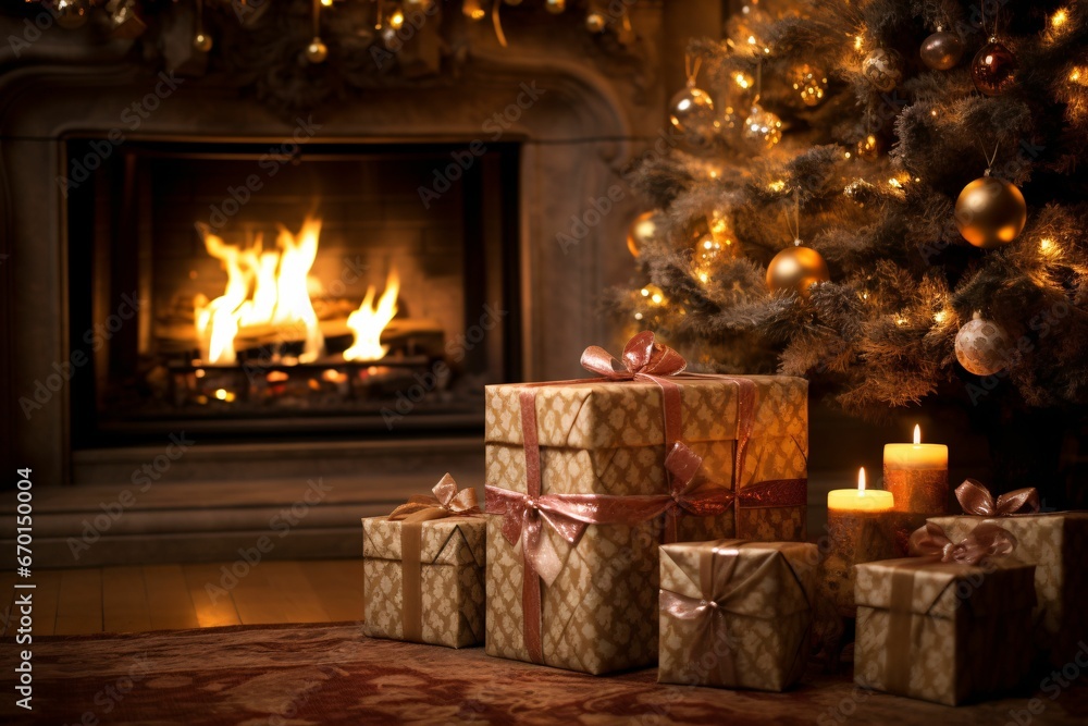 wrapped gifts nestled under the Xmas tree, ambient fireplace glow in the background wrapped gifts nestled under the Xmas tree, ambient fireplace glow in the background