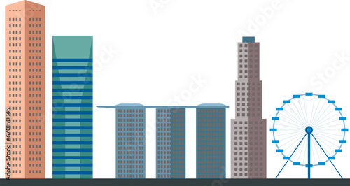 Colorful cityscape skyline panorama of SINGAPORE, SINGAPORE containing various city architectural symbols and buildings