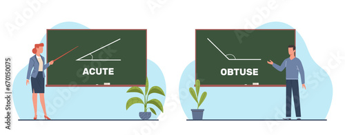Teachers explain acute and obtuse. man and woman near blackboard. mathematics and geometry lesson. Education in school or college, Cartoon flat style isolated vector knowledge concept