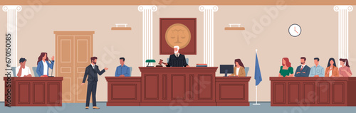 Trial in courtroom. Law justice, public process, defense and prosecution presentation, judge on wooden tribune listens to people, cartoon flat style isolated nowaday vector concept