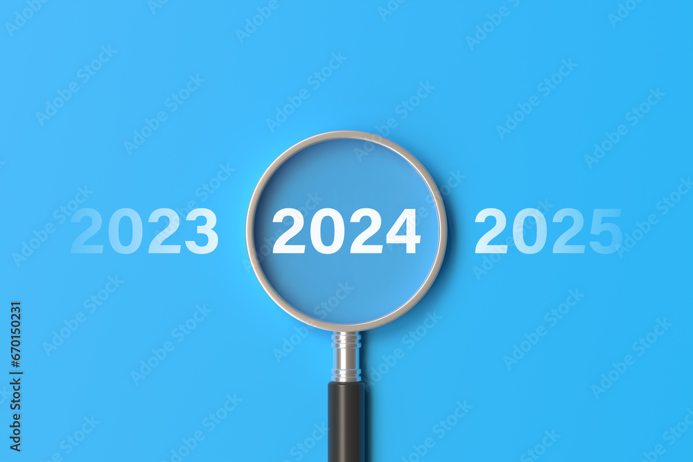 magnifying glass with 2024 among 2023 and 2025 to prepare and focus new