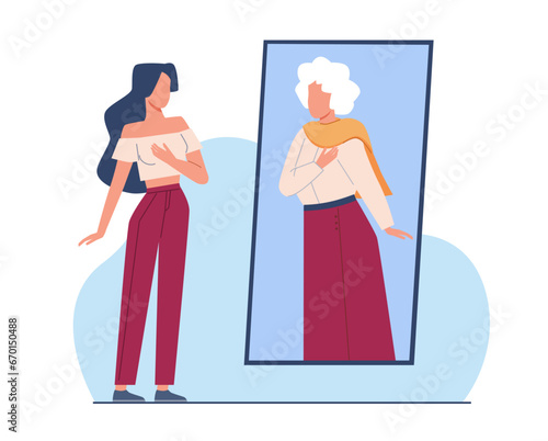 Young woman was frightened by older, gray haired woman in mirror. Aging process, girl imagination. Advice from future. Looking on aging reflection. Cartoon flat isolated vector concept