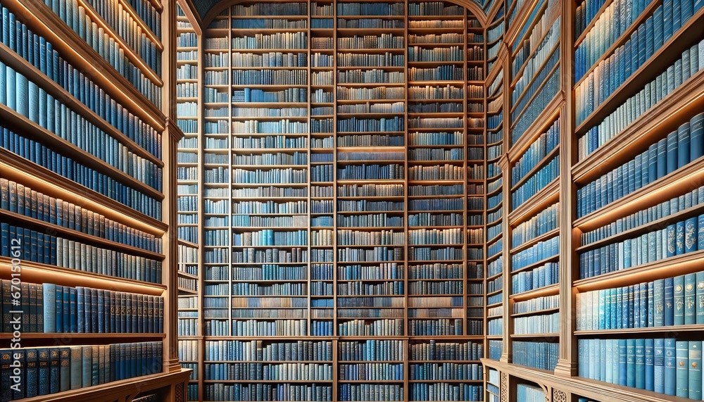 Towering Library Wall with Shades of Blue Towering Library Wall with Shades of Blue