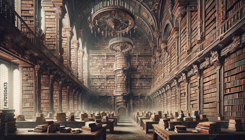 Ancient Tomes in a Majestic Library Interior